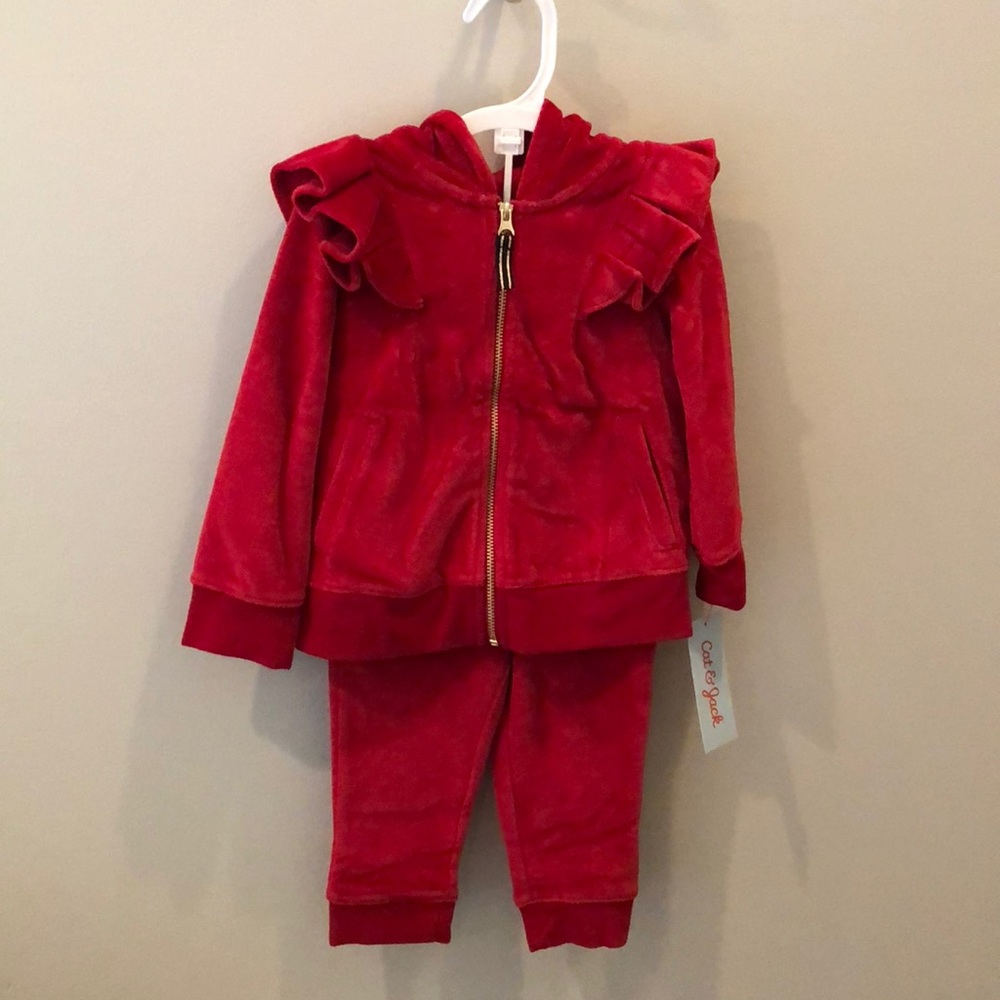 Red velour red track suit with hood size 18mo